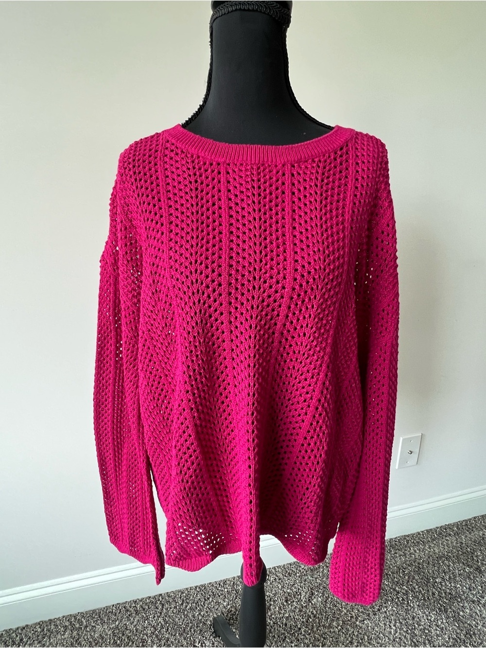 LOFT Open-Knit Crewneck Sweater in Bright Pink Scalloped Hem 100% Cotton
